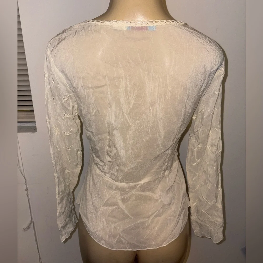 Johnny Was Ivory Embroidered Deep V Neck Long Sleeve Blouse Size S - Picture 4 of 5